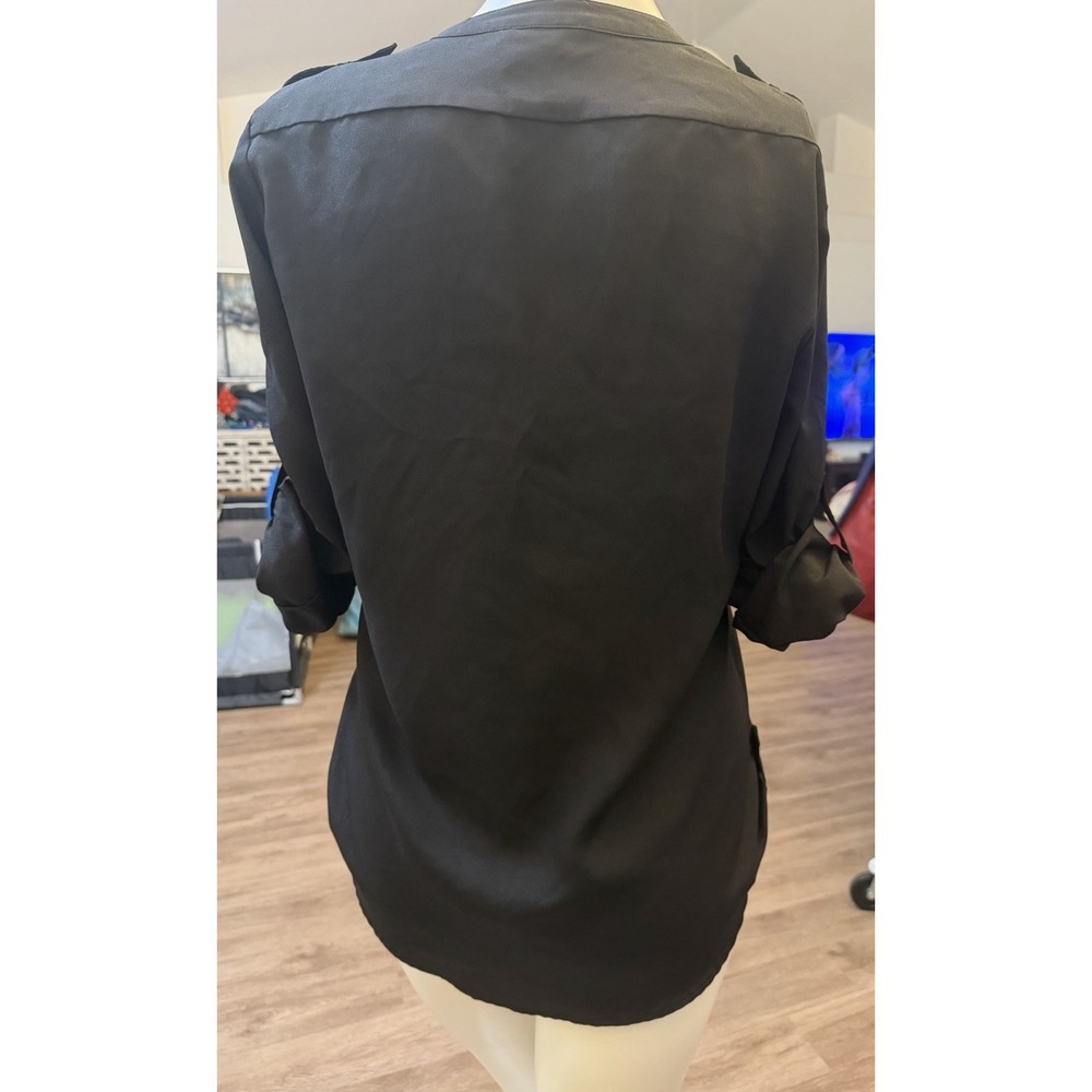 Calvin Klein Zip Pocket Blouse Sz M Button Front Career Office Roll Tab Sleeve - Picture 9 of 13